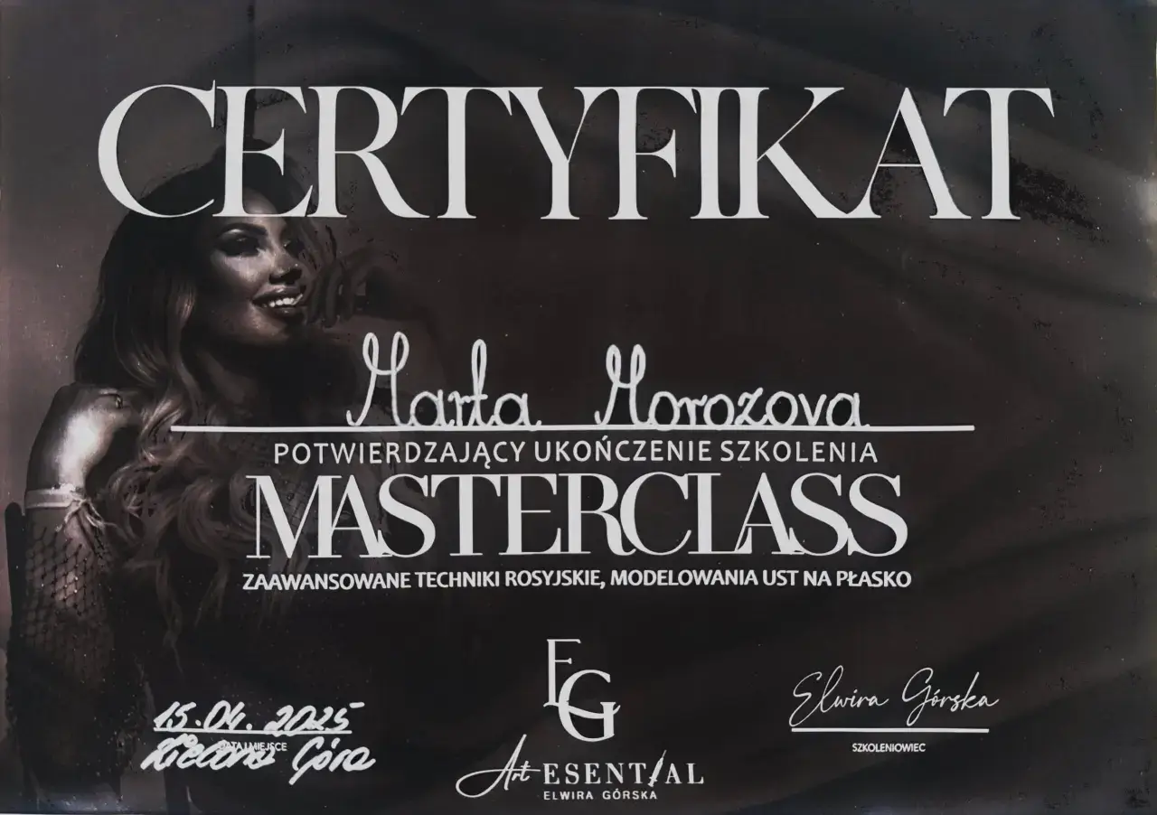 Art Esential masterclass certificate in advanced Russian lip modelling technique, issued to Marta Morozova
