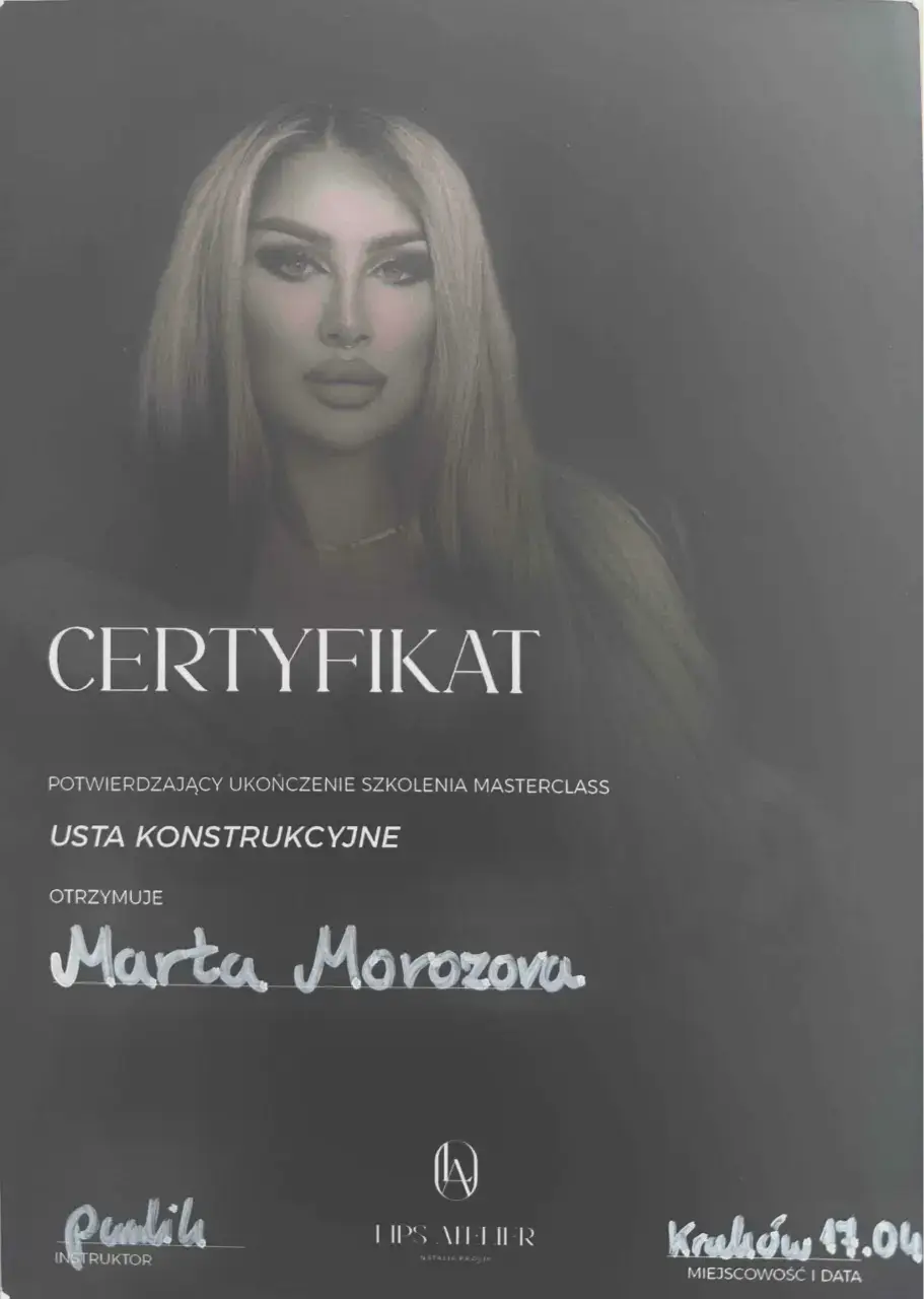 Lips Atelier masterclass certificate in structural lip technique, issued to Marta Morozova in Krakow
