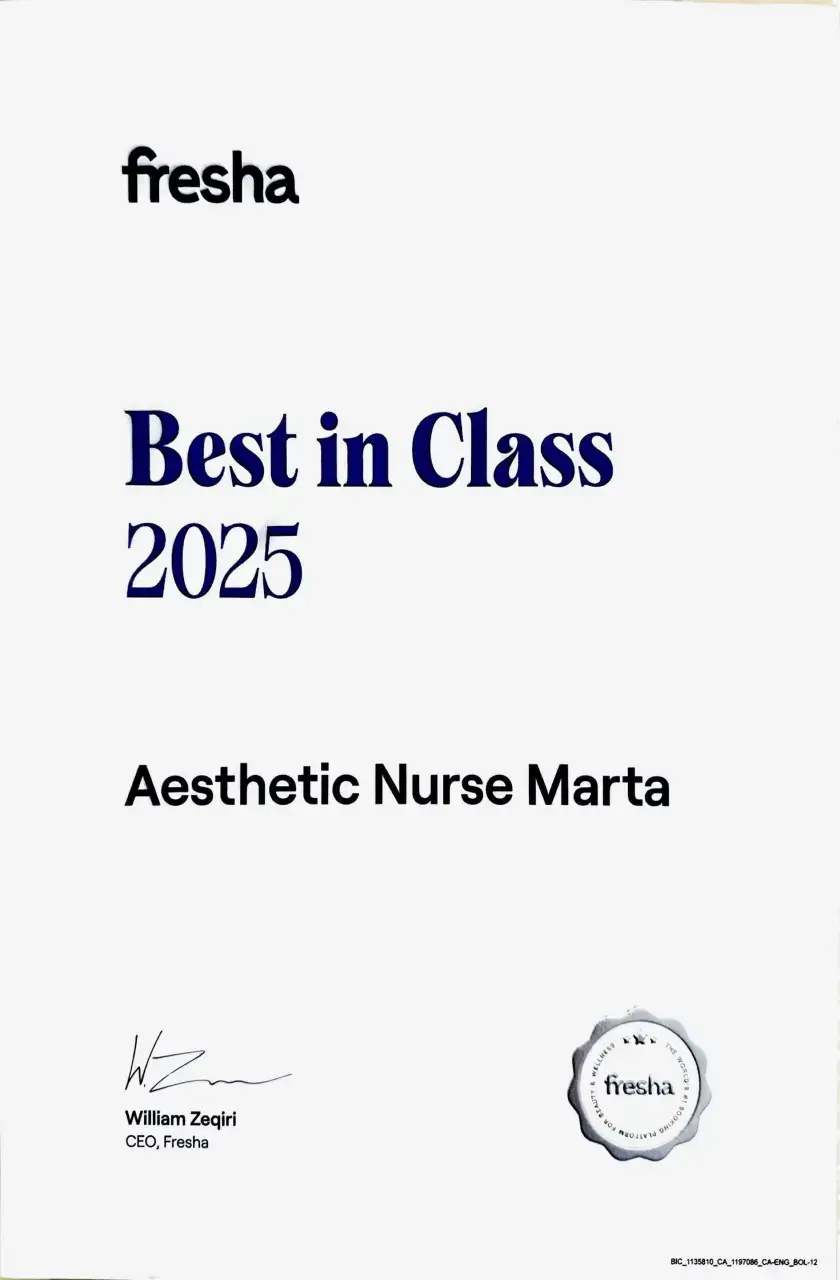 Fresha Best in Class 2025 award certificate for Aesthetic Nurse Marta