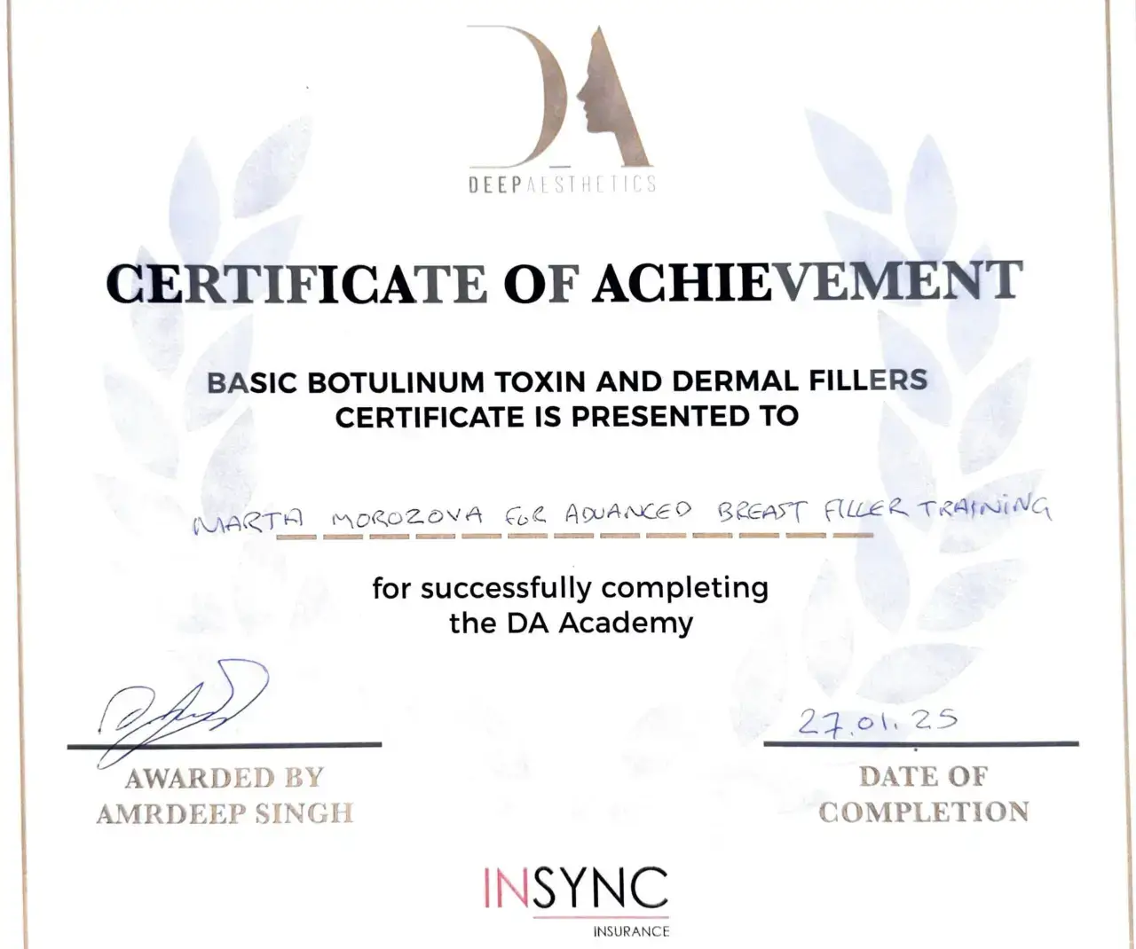 Deep Aesthetics Academy certificate of achievement in basic botulinum toxin and dermal fillers, issued to Marta Morozova