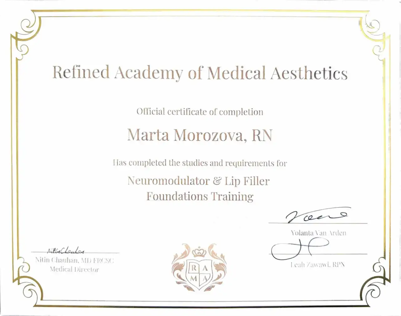 Refined Academy of Medical Aesthetics certificate of completion in neuromodulator and lip filler foundations, issued to Marta Morozova, RN