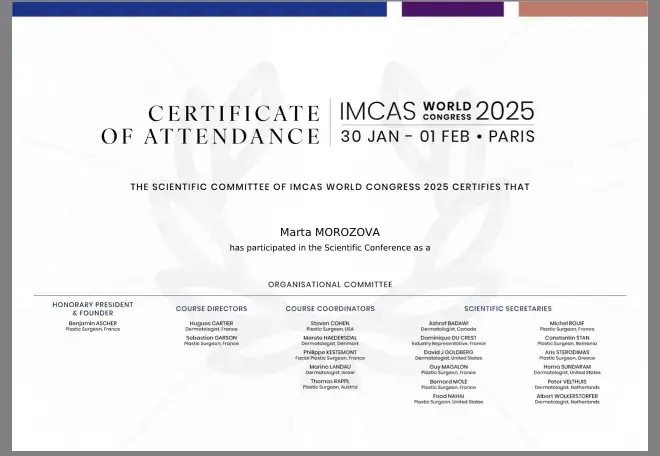 IMCAS World Congress 2025 certificate of attendance for Marta Morozova, Paris, 30 January to 1 February