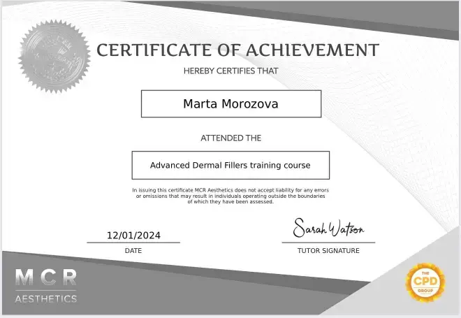 MCR Aesthetics certificate of achievement for the advanced dermal fillers training course, issued to Marta Morozova