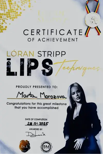 Loran Stripp certificate of achievement in lip techniques, issued to Marta Morozova in January 2025