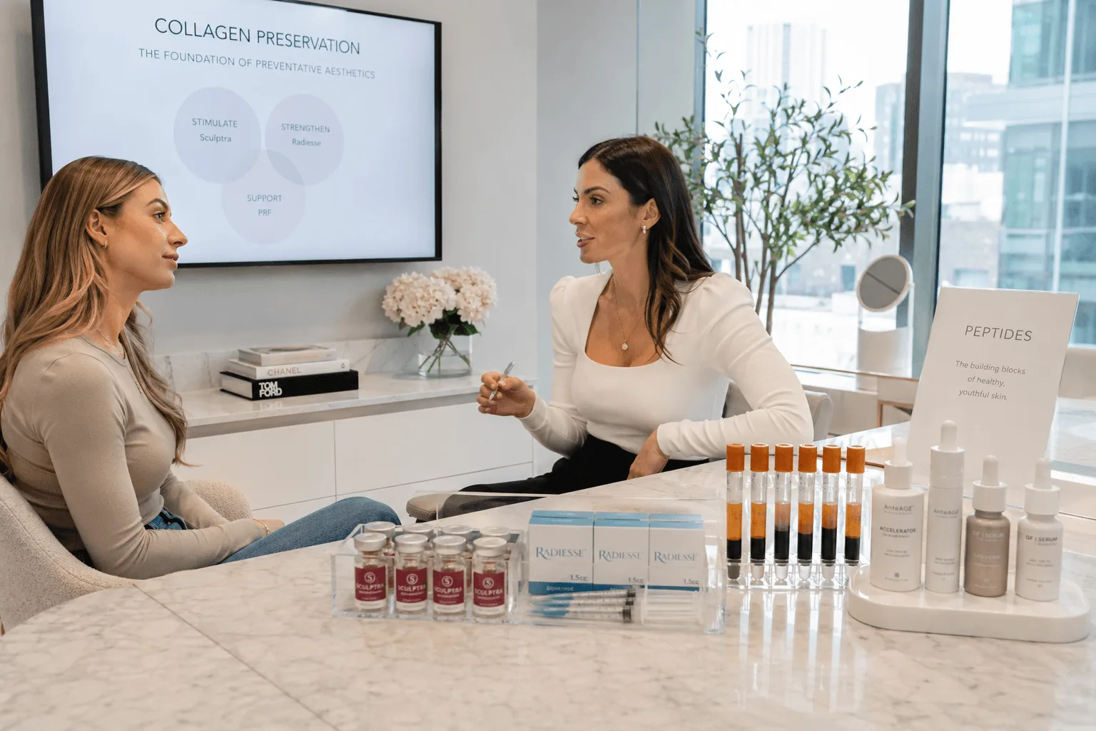Collagen preservation consultation discussing preventative aesthetic treatments