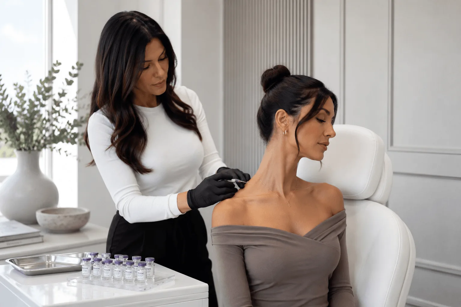 Medical aesthetics provider administering neck skin rejuvenation injections
