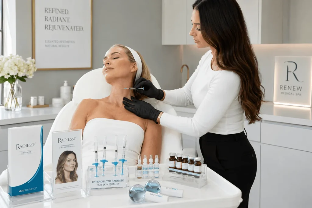 Aesthetic nurse performing Radiesse neck rejuvenation treatment on female patient