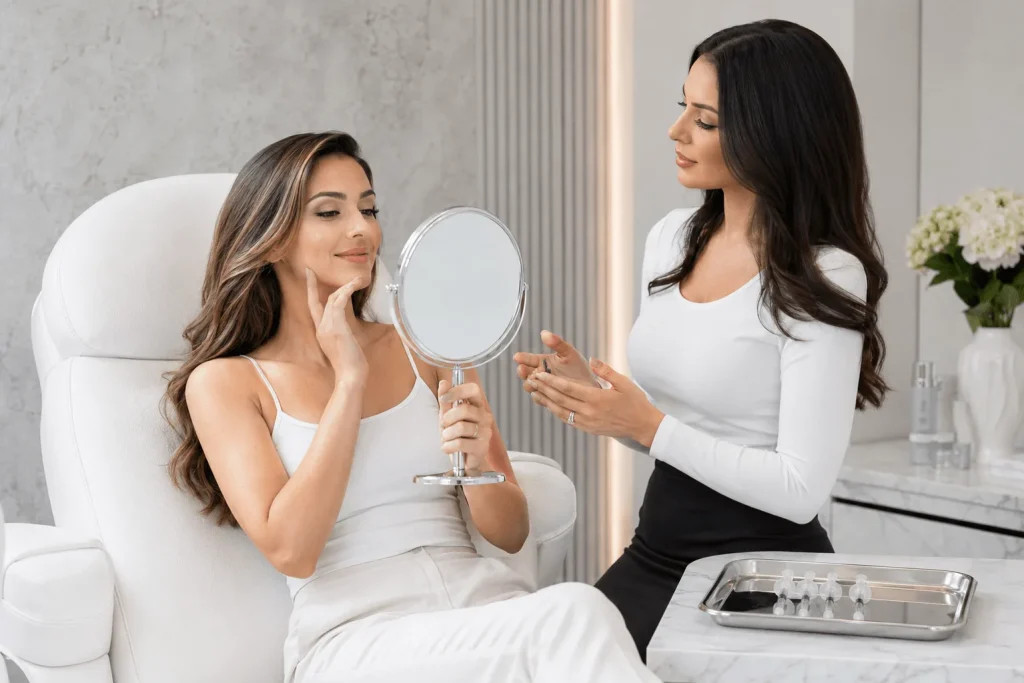 Post-treatment consultation with patient reviewing facial aesthetic results in mirror