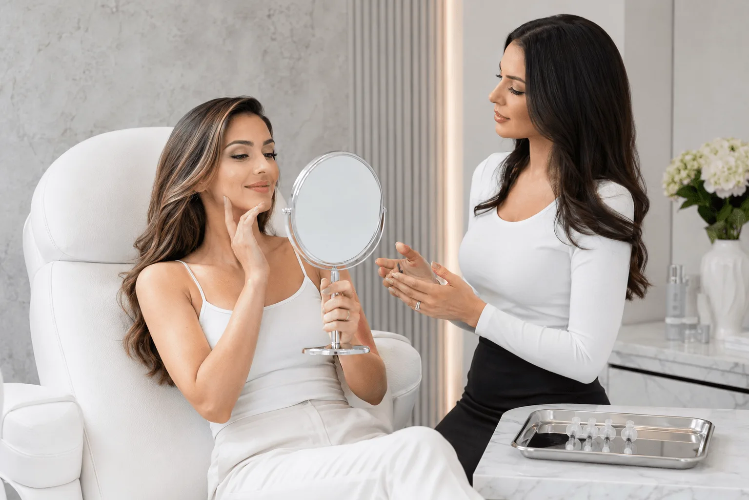 Post-treatment consultation with patient reviewing facial aesthetic results in mirror