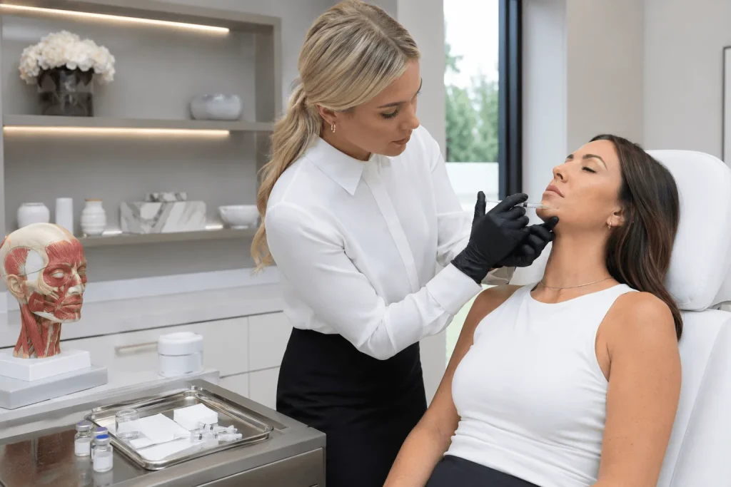 Aesthetic nurse administering chin contouring treatment with cosmetic injectables
