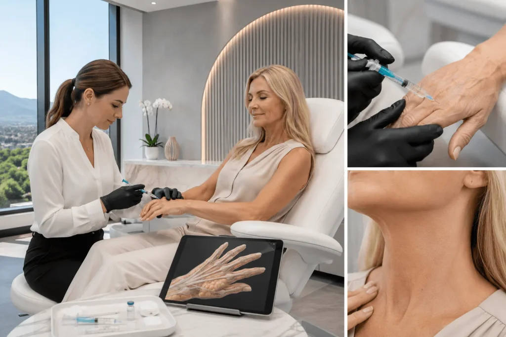Aesthetic nurse providing hand rejuvenation treatment consultation with anatomical reference