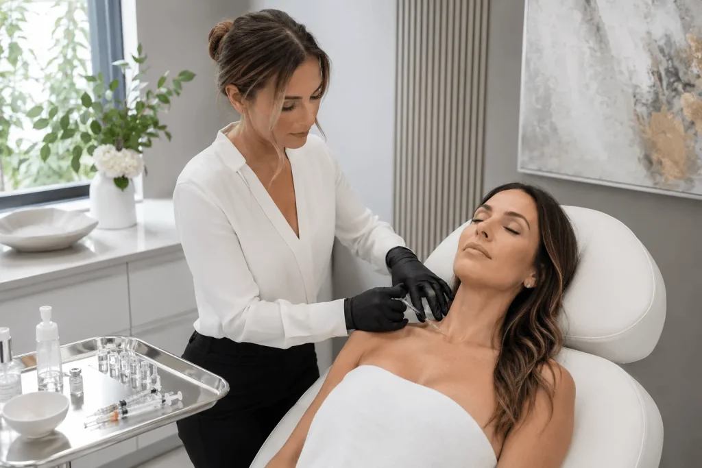 Aesthetic nurse performing injectable neck treatment in medical spa clinic