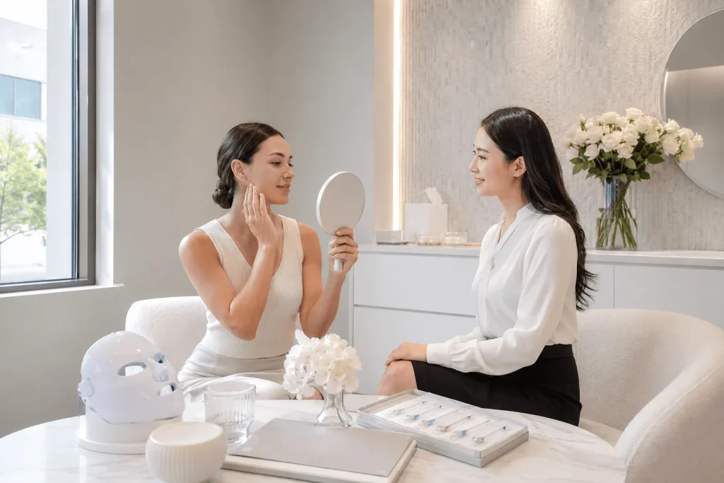 Patient examining facial skin results during aesthetic treatment follow-up consultation