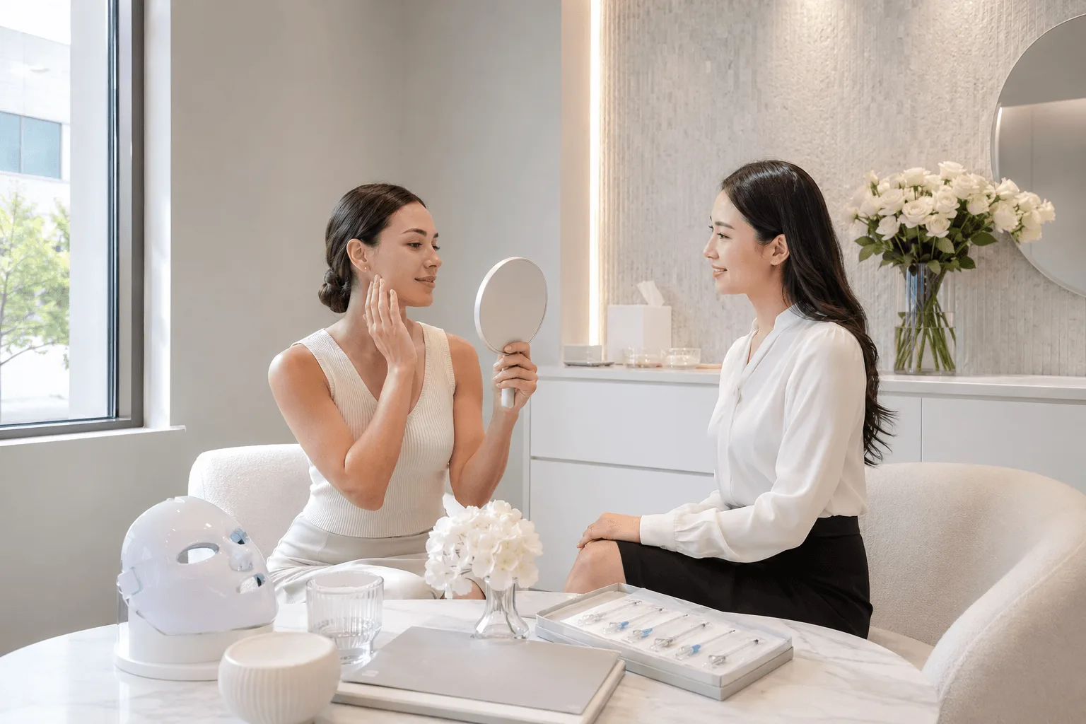 Patient examining facial skin results during aesthetic treatment follow-up consultation
