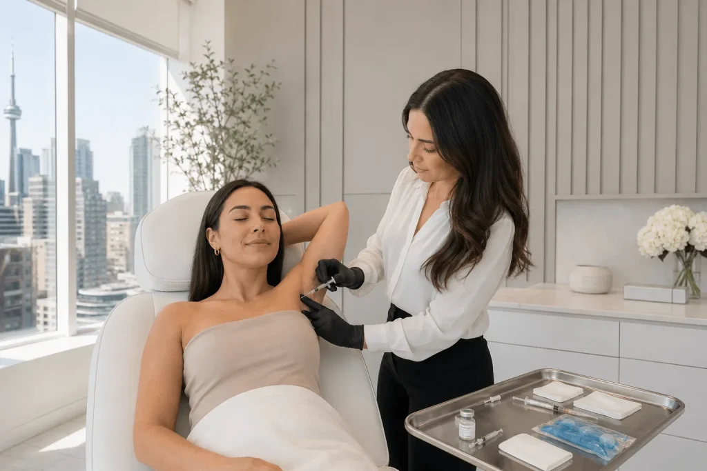 Aesthetic nurse administering underarm treatment injection in a modern medical spa clinic