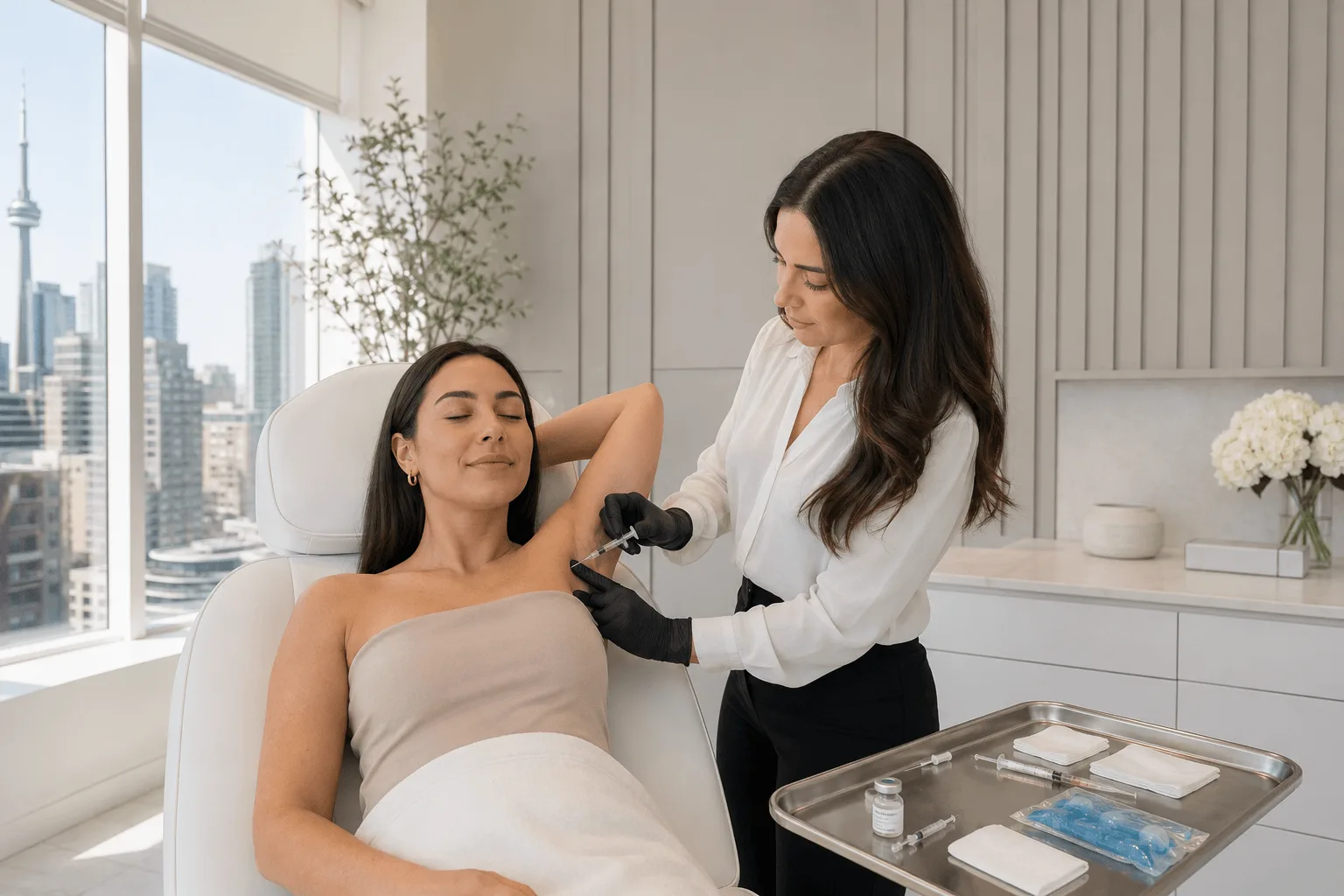 Aesthetic nurse administering underarm treatment injection in a modern medical spa clinic