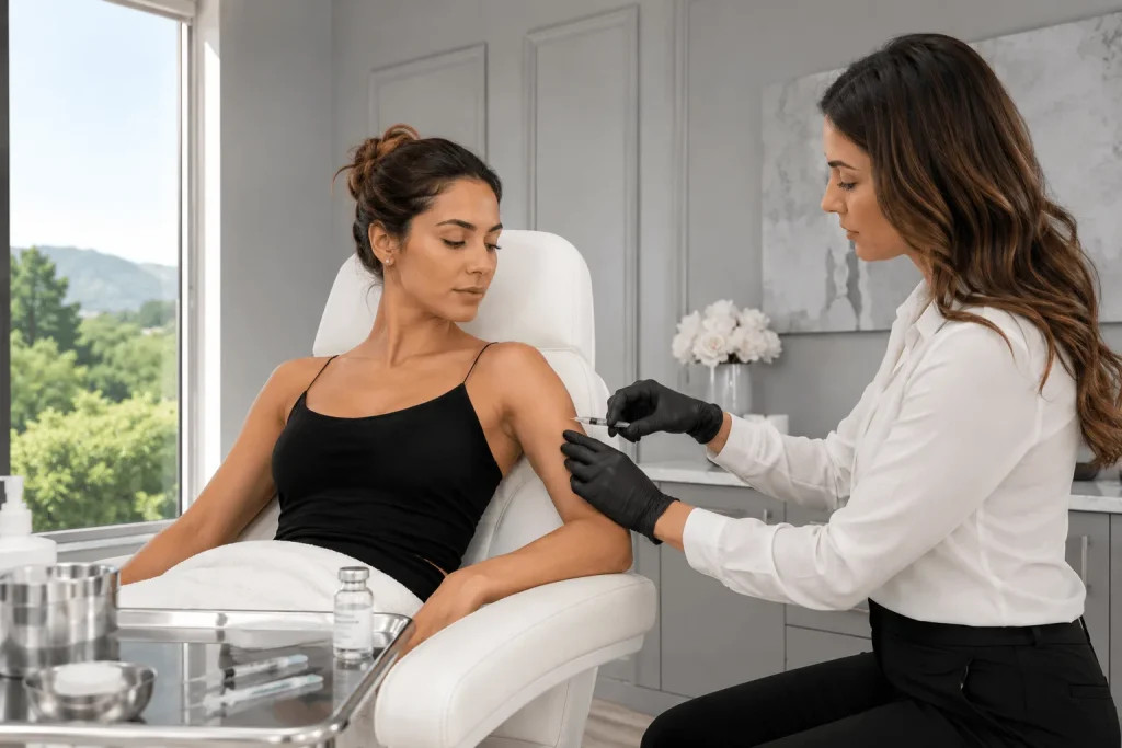 Aesthetic nurse administering cosmetic injectable treatment to patient's upper arm