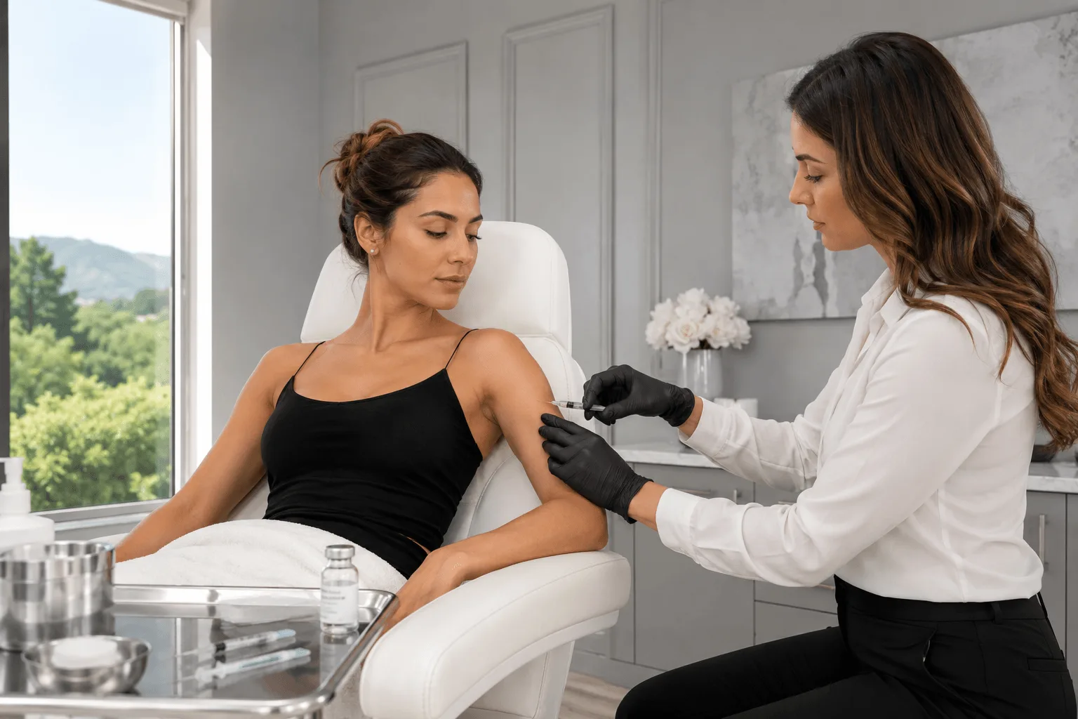Aesthetic nurse administering cosmetic injectable treatment to patient's upper arm