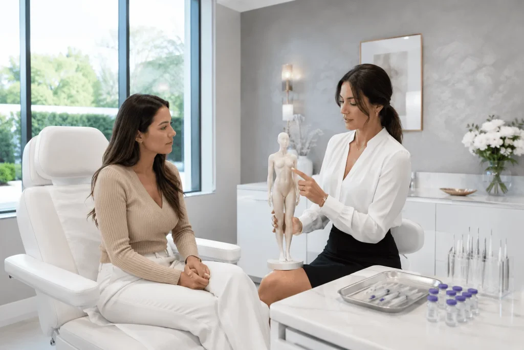 Aesthetic nurse explaining body contouring treatment using anatomical model