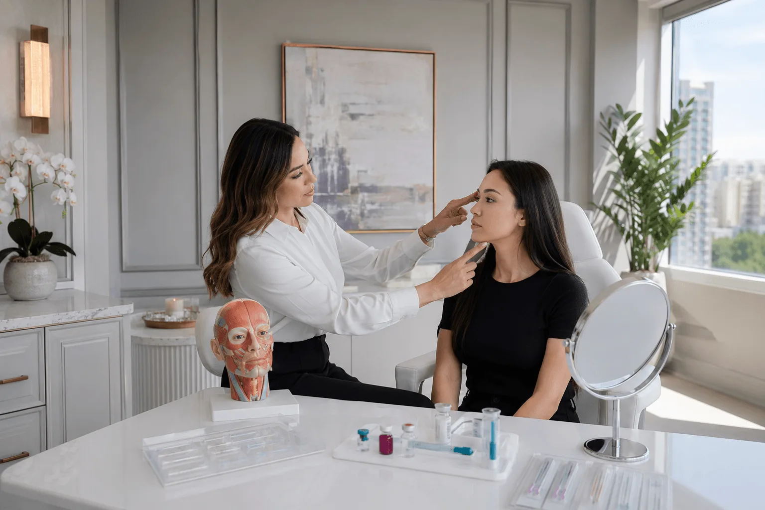 Aesthetic provider evaluating facial features before cosmetic injectable treatment