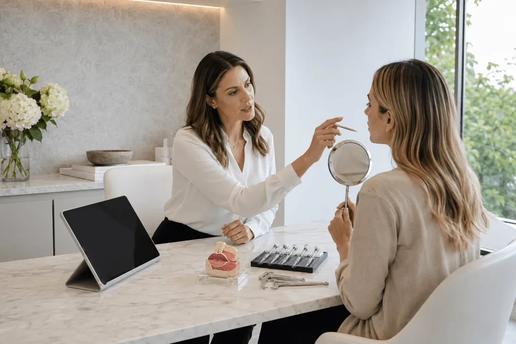Aesthetic nurse discussing facial treatment options with patient during consultation