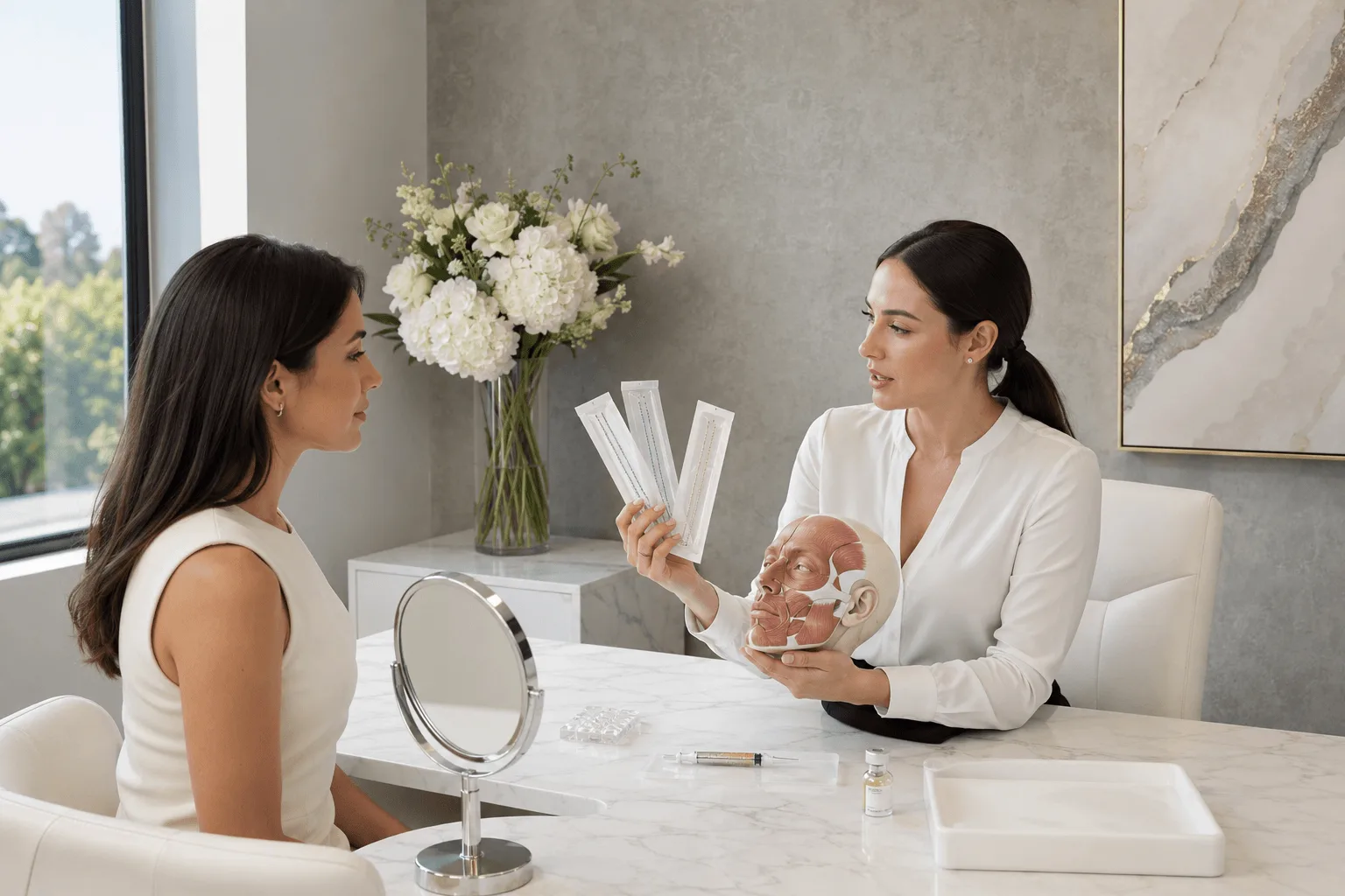 Aesthetic provider explaining cosmetic injectable options with facial anatomy model