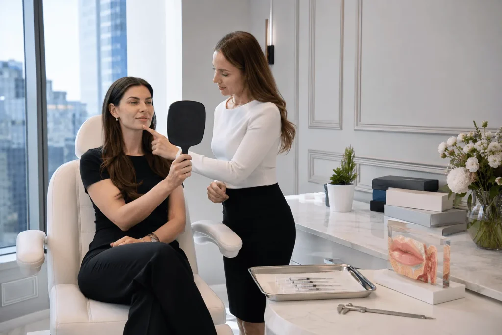 Aesthetic nurse consulting with patient before lip filler treatment using a handheld mirror