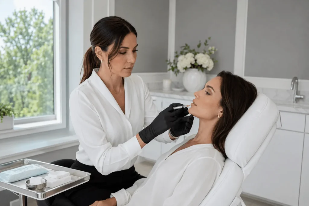 Aesthetic nurse administering lip filler injections during a cosmetic treatment