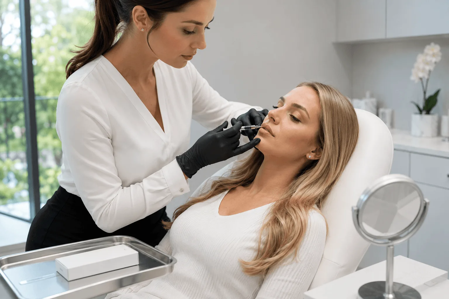 Medical aesthetic provider performing lip filler injections on female patient