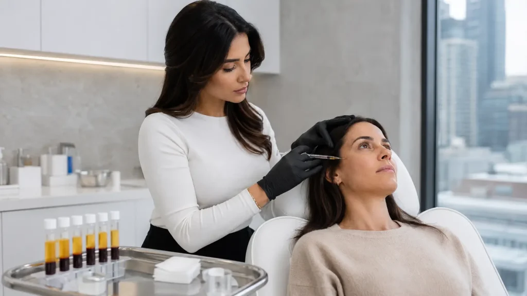 Aesthetic provider performing a facial injection near a patient’s temple