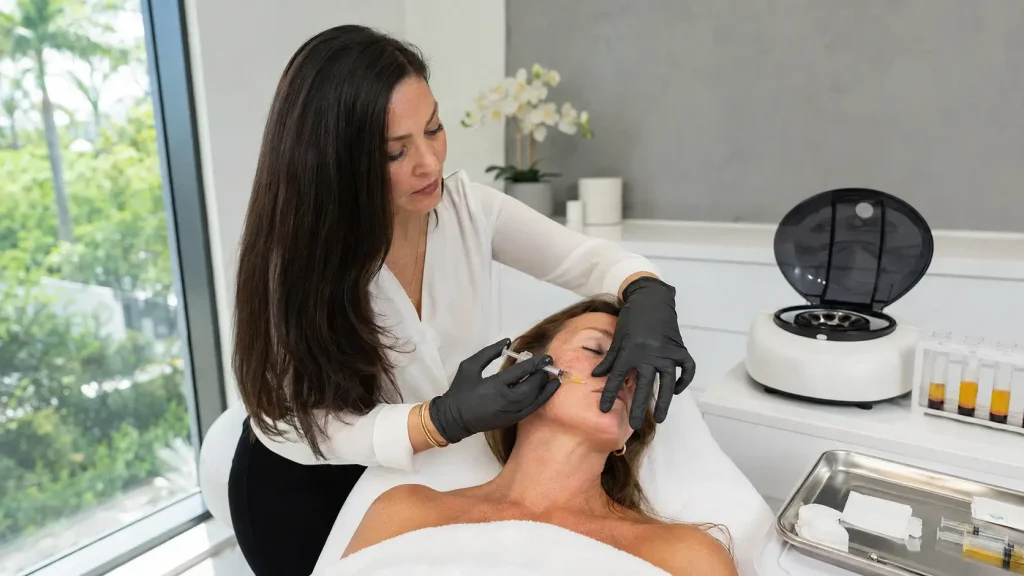 Aesthetic provider administering a facial injection to a patient’s cheek