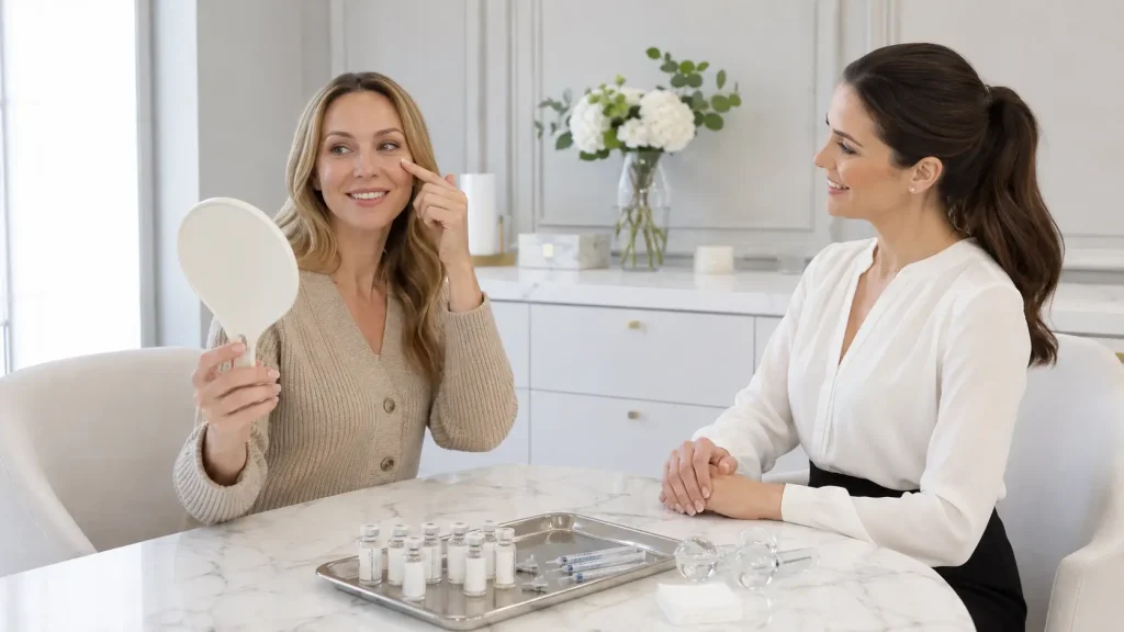 Patient examining her facial results in a mirror with an aesthetic provider