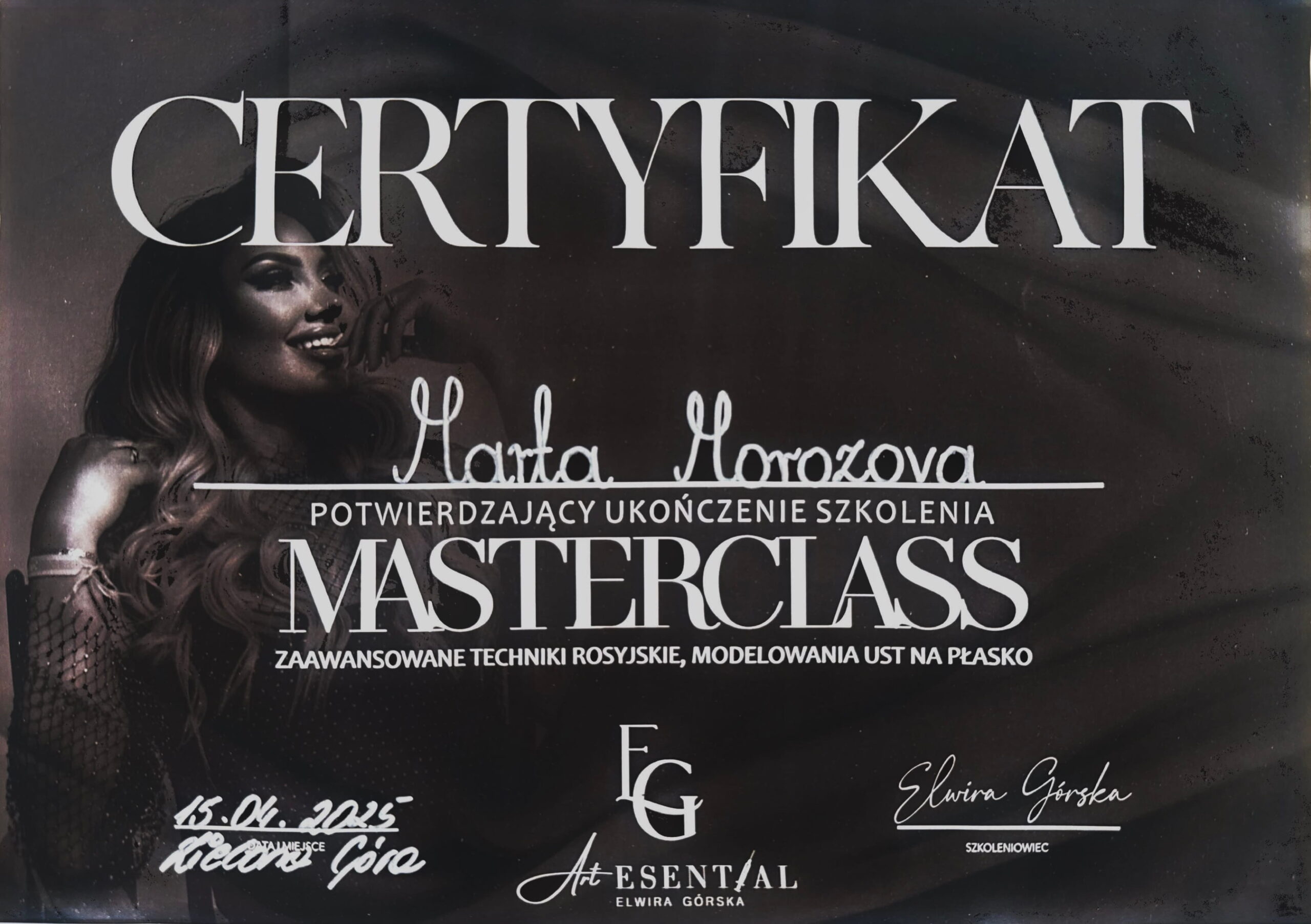 Art Esential masterclass certificate in advanced Russian lip modelling technique, issued to Marta Morozova