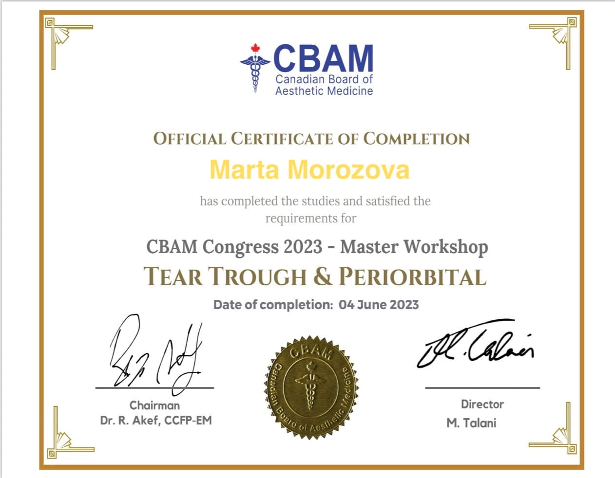 CBAM certificate of completion for the 2023 master workshop on tear trough and periorbital treatment