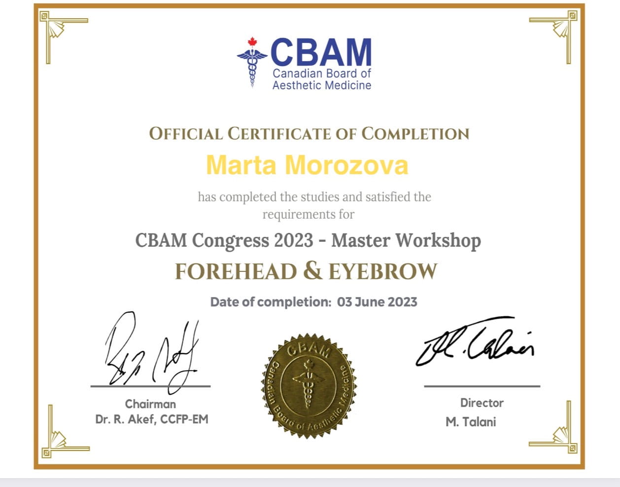 CBAM certificate of completion for the 2023 master workshop on forehead and eyebrow treatment