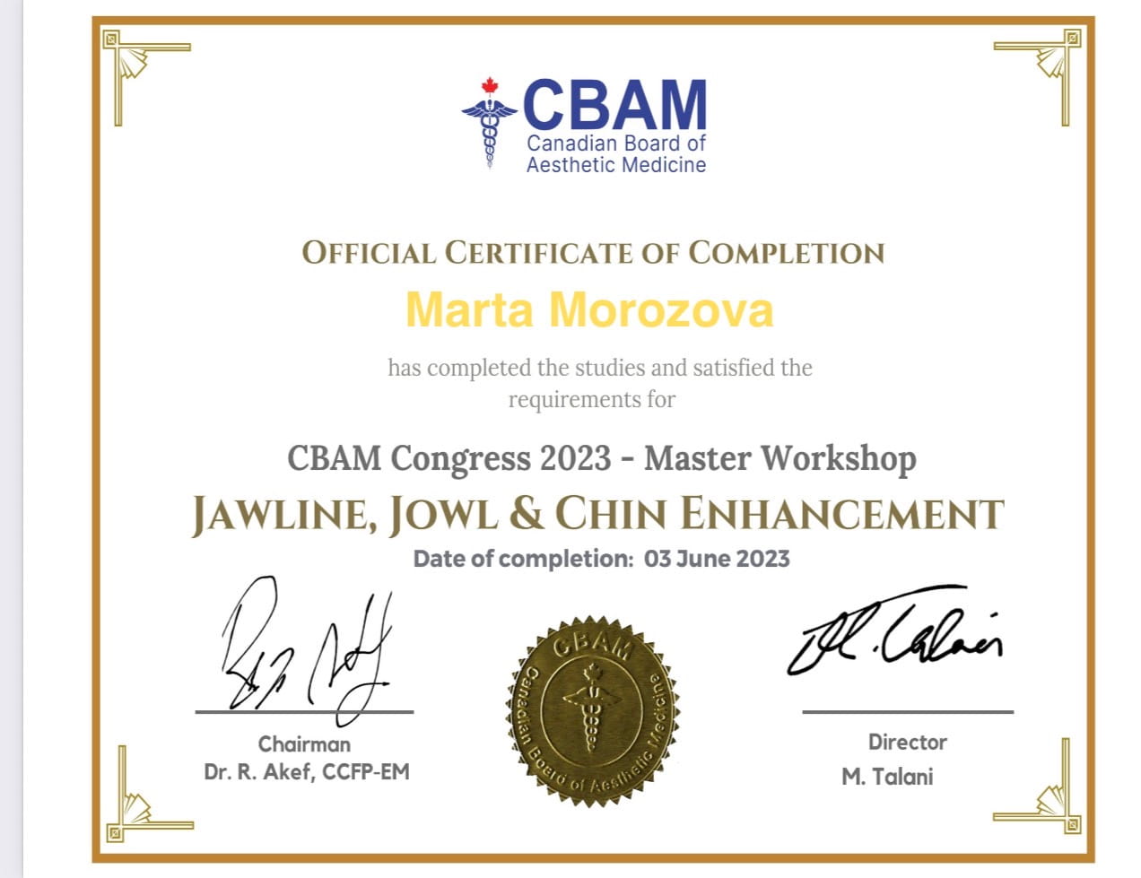 CBAM certificate of completion for the 2023 master workshop on jawline, jowl and chin enhancement