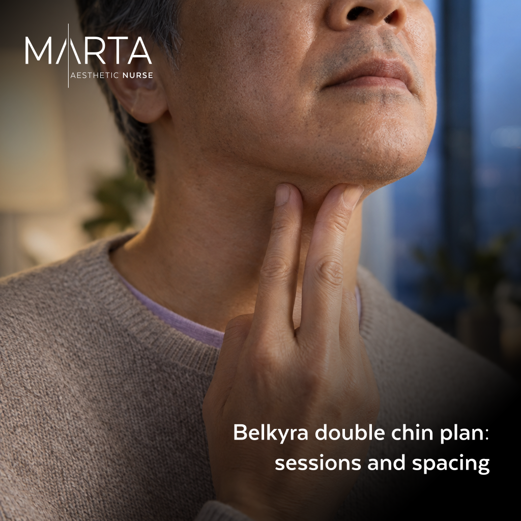 Close crop of a man’s lower face as fingertips touch the area under the chin in warm clinic light.