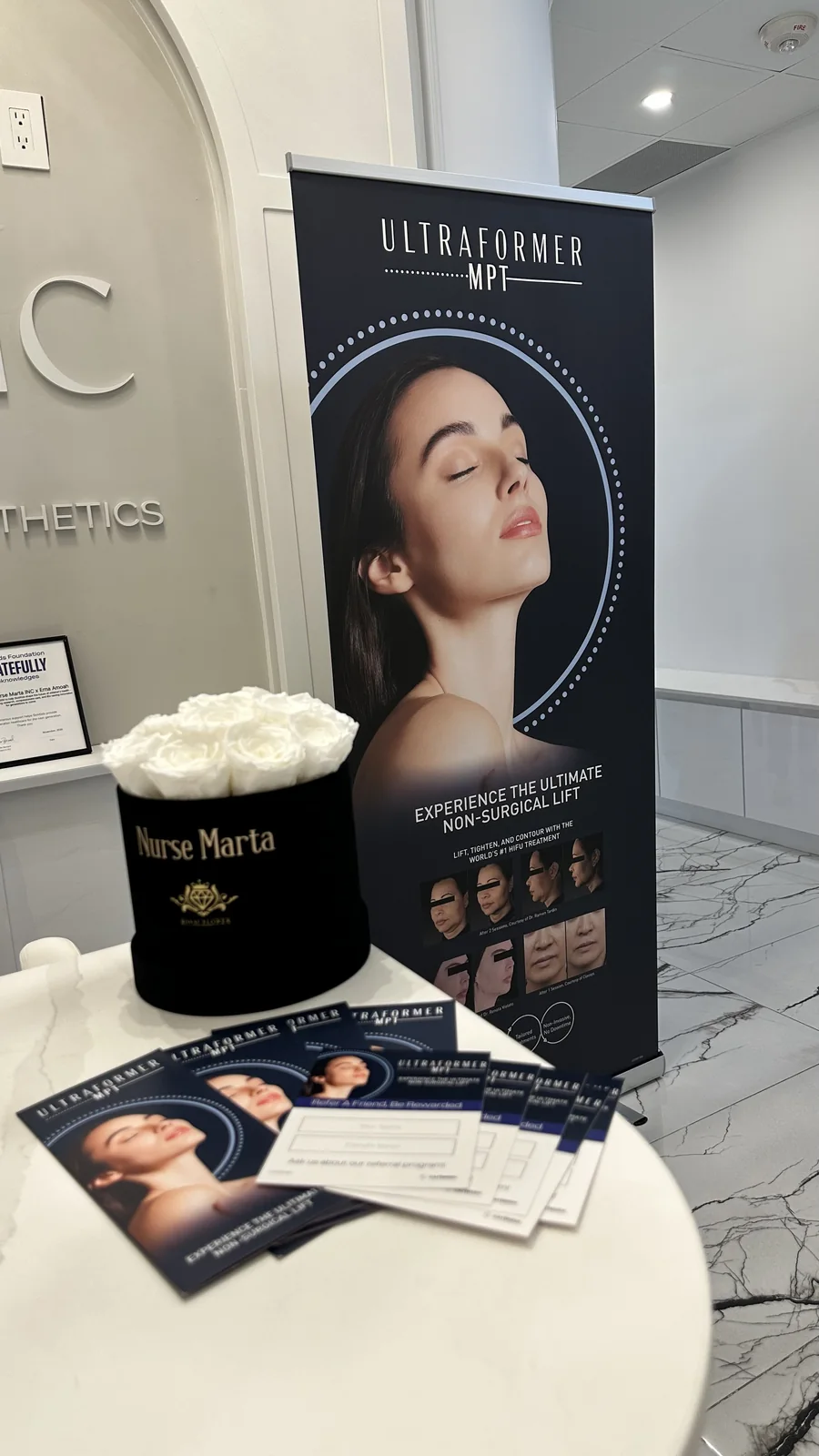 Ultraformer MPT banner and brochures at the Aesthetic Nurse Marta clinic reception in Vaughan